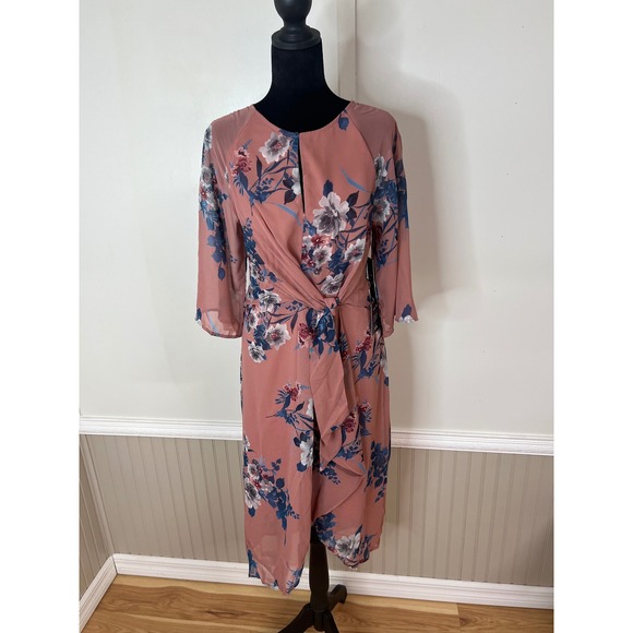 Lulus Dresses & Skirts - Lulus Dusty Rose Floral Faux Wrap Midi Dress Tie Front Keyhole Small NEW